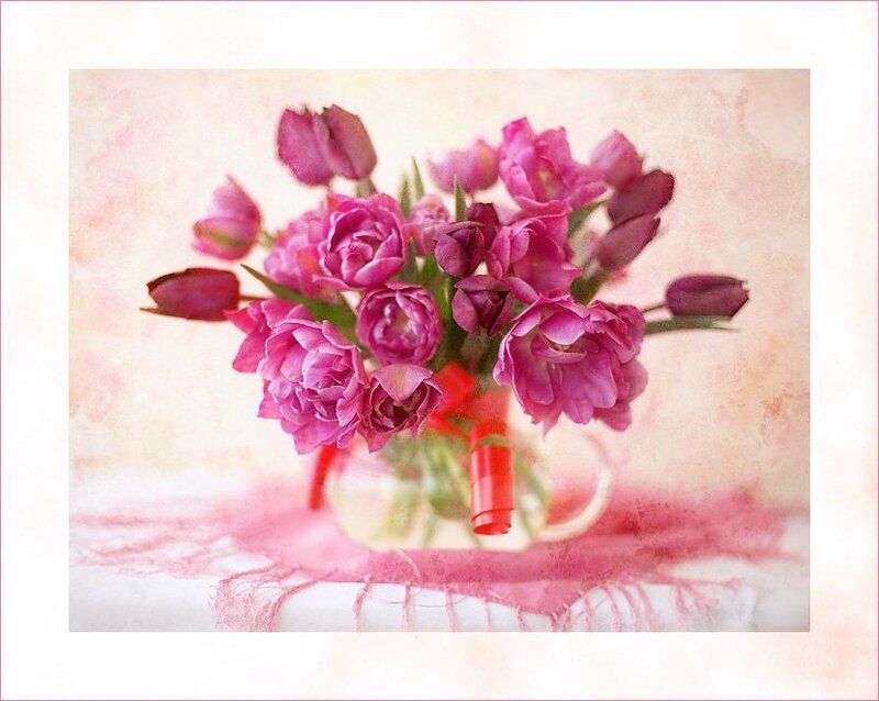 Bouquet of Pink Tulips — Serene, Photograph, Vase, Ribbon
