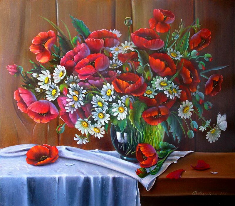 Bouquet of Poppies and Daisies — Red, Calm