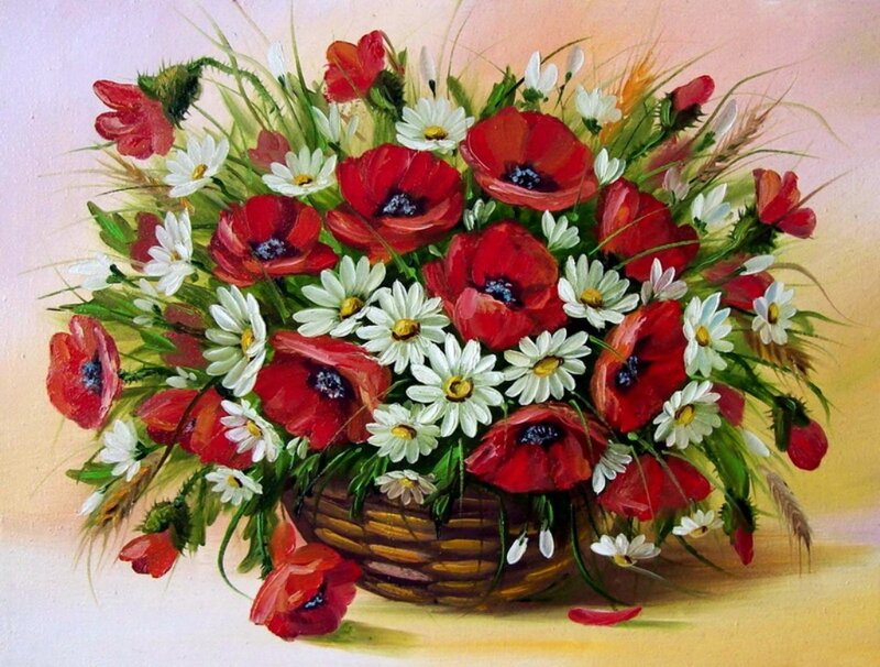 Bouquet of Poppies and Daisies — Red, Cheerful