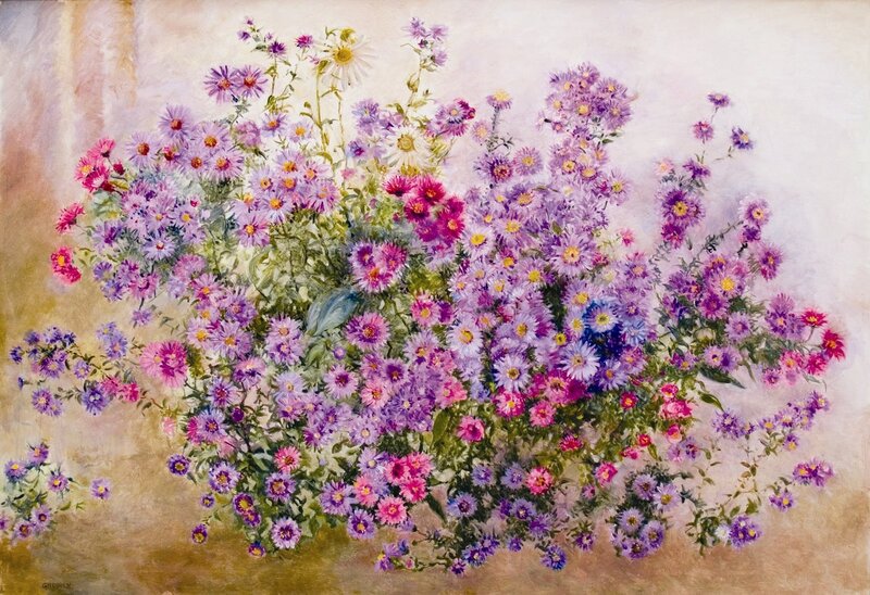 Bouquet of Purple Flowers — Calm, Painting, Green Stems