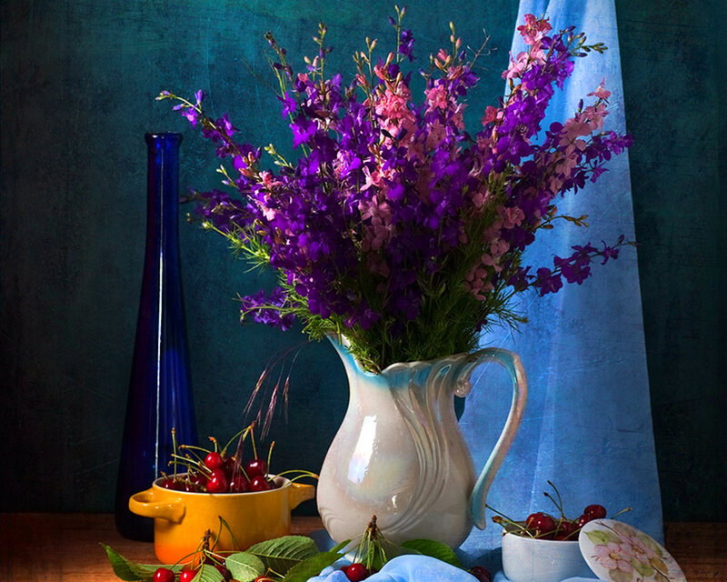 Bouquet of Purple Flowers — Dramatic, Photograph, Cherries