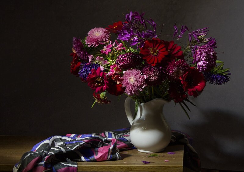 Bouquet of Purple Flowers — Dramatic, Photograph, Vase