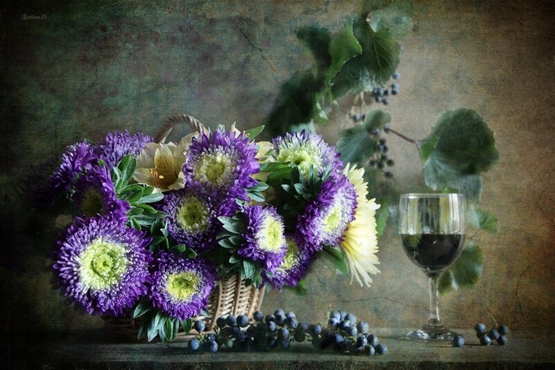 Bouquet of Purple Flowers — Serene, Painting, Wine Glass