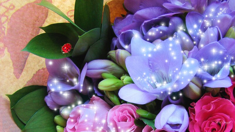 Bouquet of Purple Flowers — Serene, Photograph, Ladybug