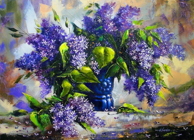 Bouquet of Purple Lilacs — Calm, Painting