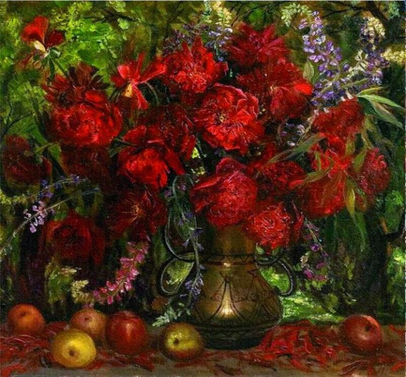 Bouquet of Red Flowers — Rich, Painting