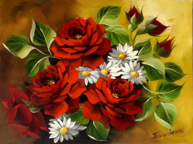 Bouquet of Red Roses — Calm, Painting, Daisies
