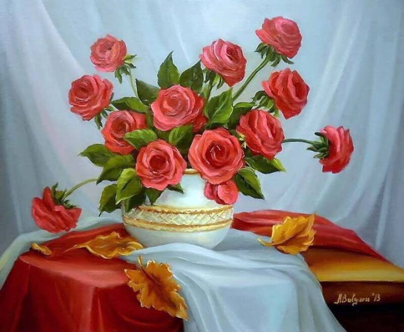 Bouquet of Red Roses — Calm, Painting, Vase, Leaves