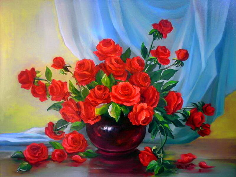 Bouquet of Red Roses — Calm, Painting, Vase
