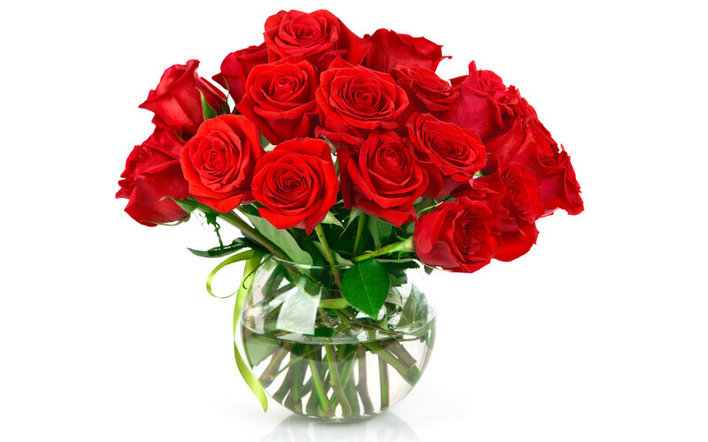 Bouquet of Red Roses — Calm, Photograph, Vase, Green Leaves, Ribbon