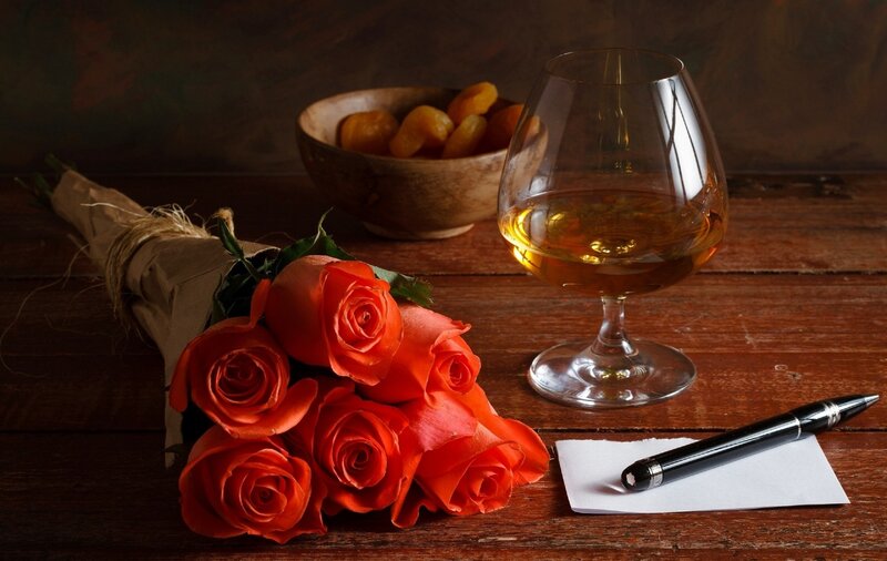 Bouquet of Red Roses — Dramatic, Photograph, Brandy Glass, Pen