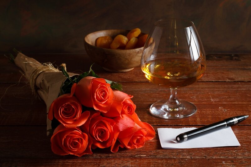 Bouquet of Red Roses — Dramatic, Photograph, Brandy Glass