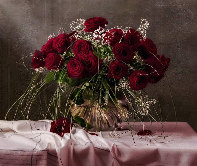 Bouquet of Red Roses — Dramatic, Photograph, Glass Vase
