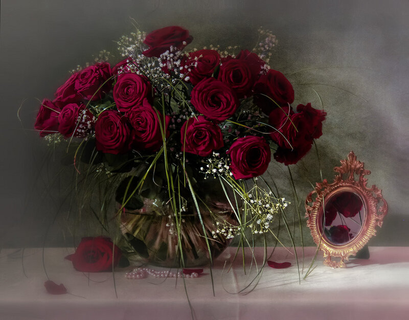 Bouquet of Red Roses — Dramatic, Photograph, Mirror