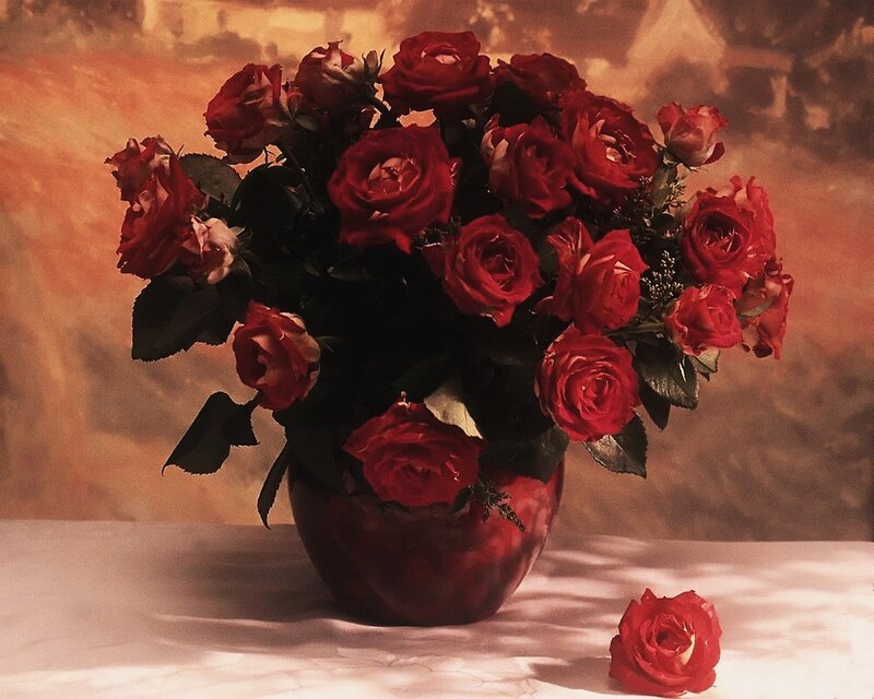Bouquet of Red Roses — Dramatic, Photograph, Vase, Table