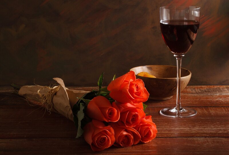 Bouquet of Red Roses — Dramatic, Photograph, Wine Glass