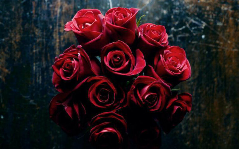 Bouquet of Red Roses — Dramatic, Photograph, Wooden Surface