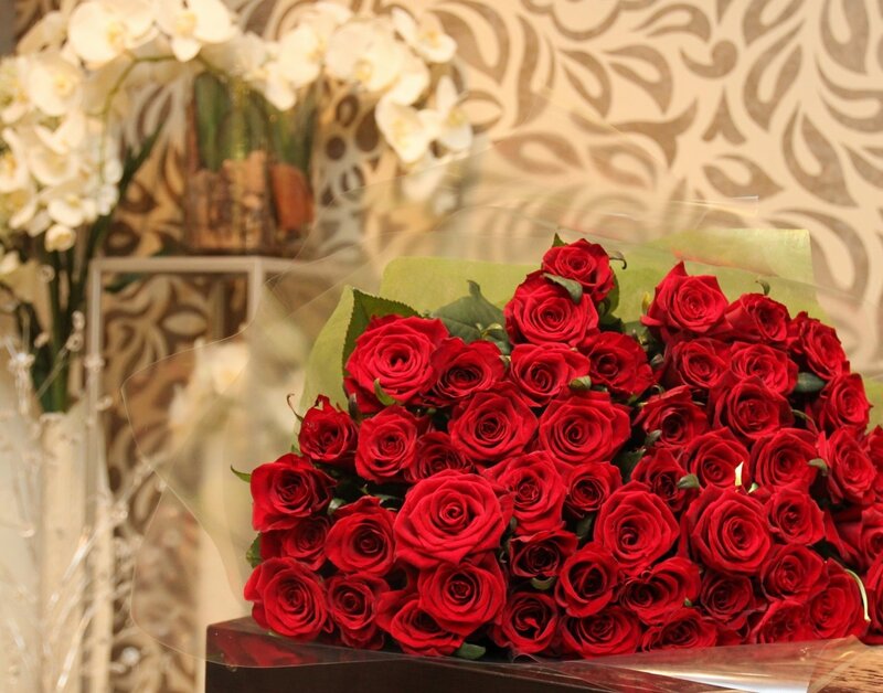 Bouquet of Red Roses — Elegant, Photograph, White Orchids