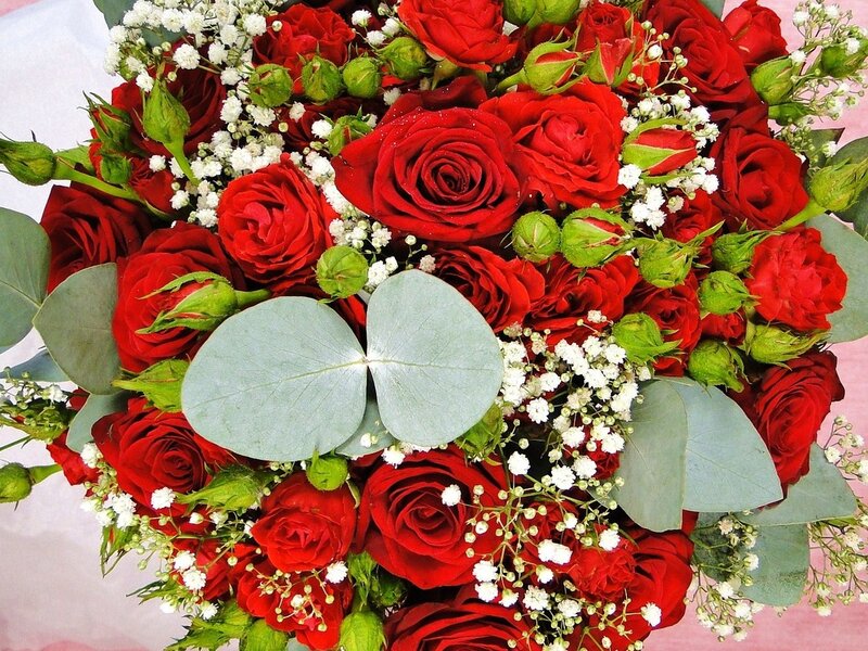 Bouquet of Red Roses — Romantic, Photograph, Baby's Breath, Eucalyptus Leaves