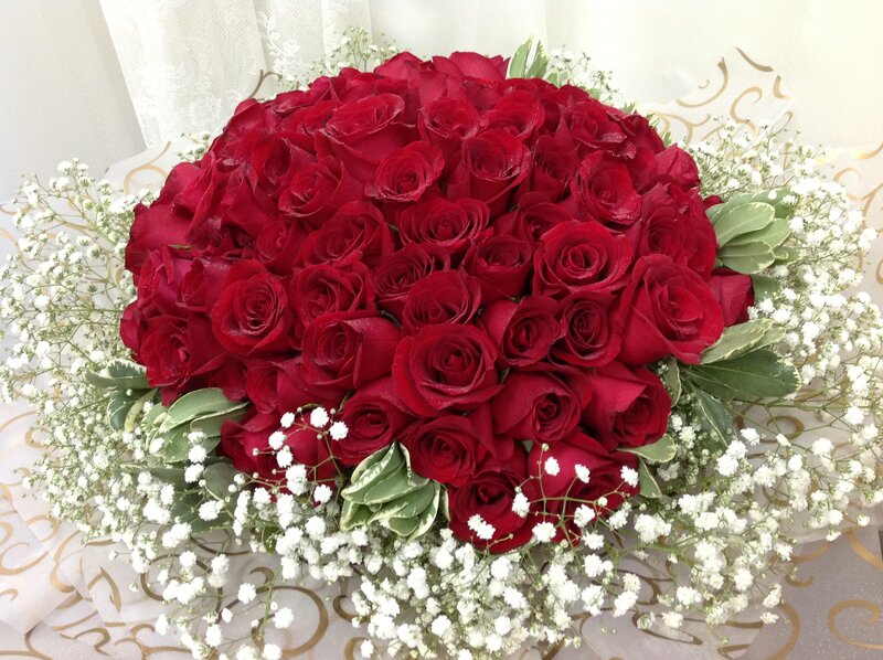 Bouquet of Red Roses — Romantic, Photograph, Baby's Breath, Green Leaves, Wrapping Paper