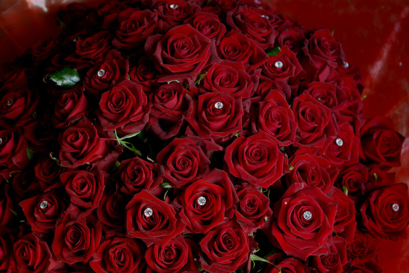 Bouquet of Red Roses — Romantic, Photograph, Diamonds, Leaves