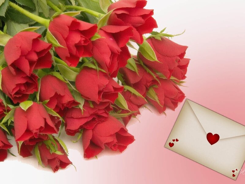 Bouquet of Red Roses — Romantic, Photograph, Envelope, Heart