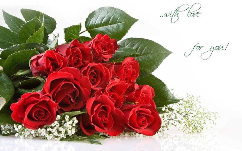 Bouquet of Red Roses — Romantic, Photograph, Green Leaves, Baby's Breath