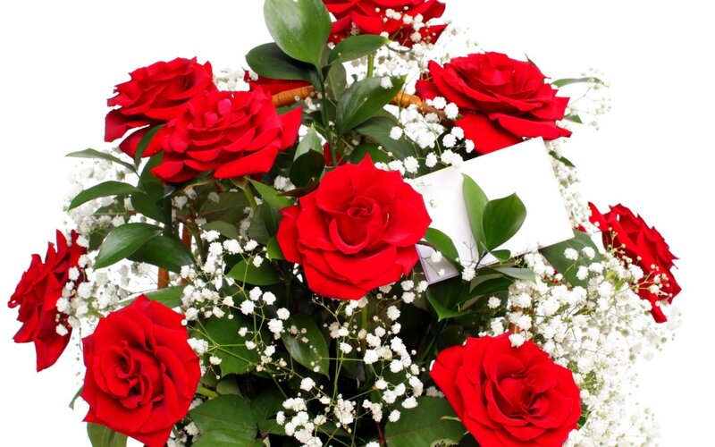 Bouquet of Red Roses — Romantic, Photograph, Green Leaves, Baby's Breath, White Card