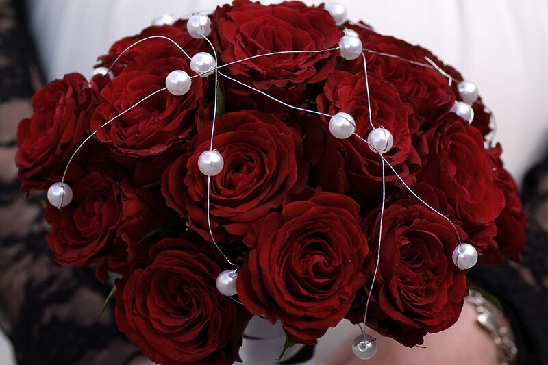 Bouquet of Red Roses — Romantic, Photograph, Pearls, Wire, Lace