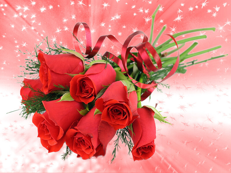 Bouquet of Red Roses — Romantic, Photograph, Ribbon, Greenery, Stars