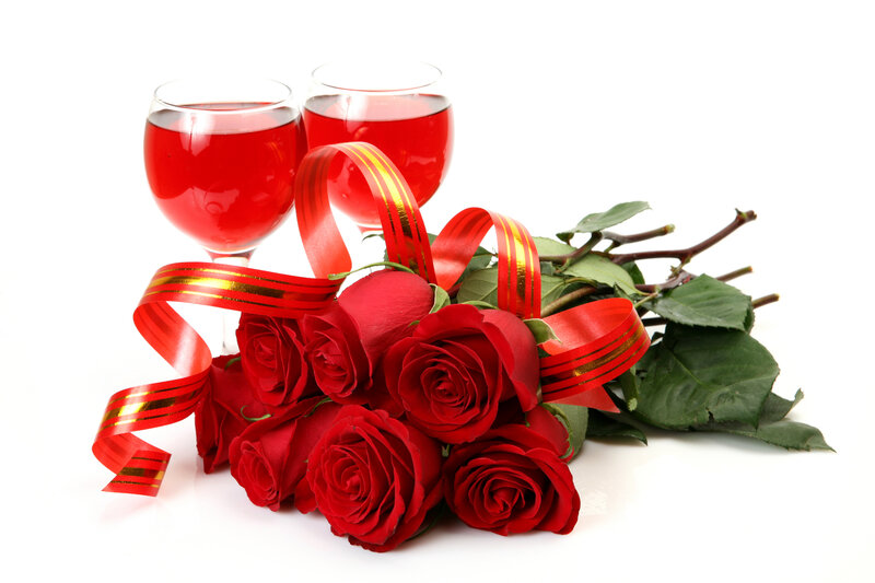 Bouquet of Red Roses — Romantic, Photograph, Wine Glasses