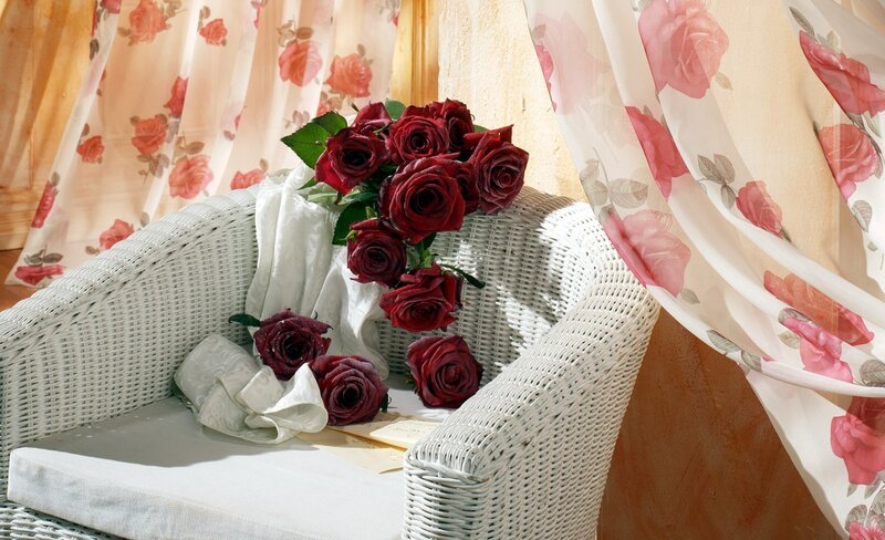 Bouquet of Red Roses — Serene, Afternoon, Photograph, Wicker Chair