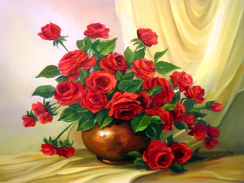 Bouquet of Red Roses — Serene, Painting, Vase
