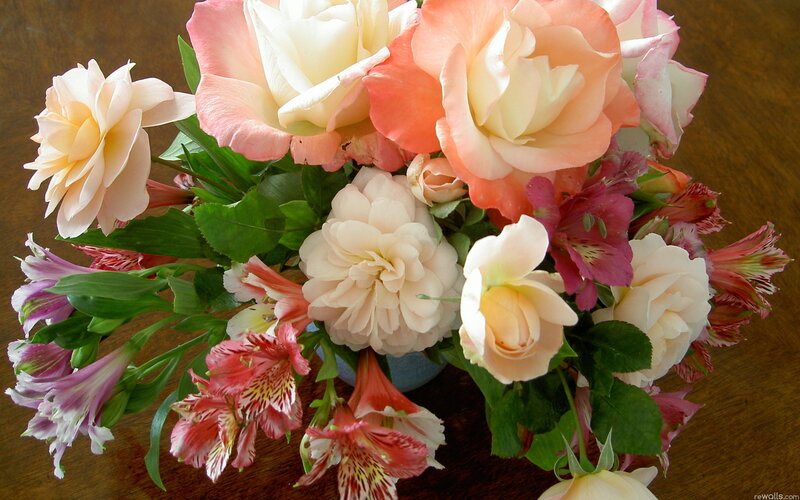 Bouquet of Roses and Alstroemeria — Pink, Calm, Photograph, Green Leaves