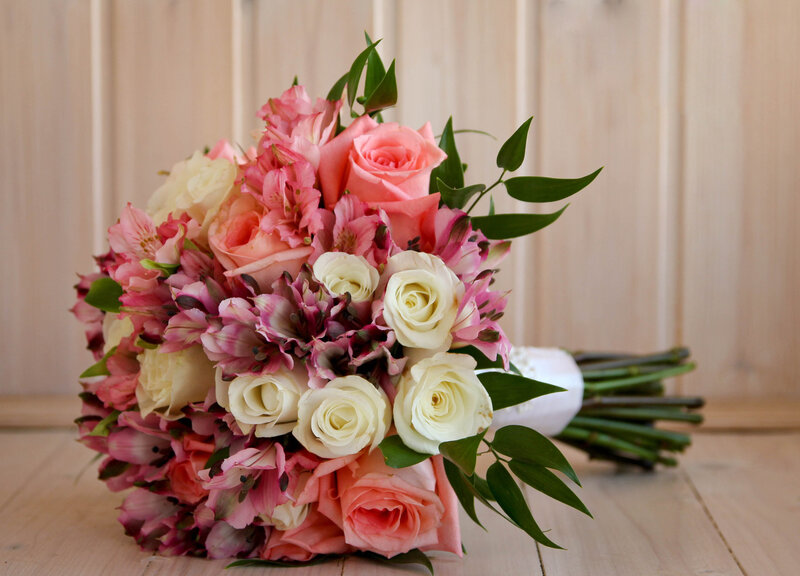 Bouquet of Roses and Alstroemeria — Pink, Calm, Photograph, Green Leaves, Wooden Surface, Wooden Wall