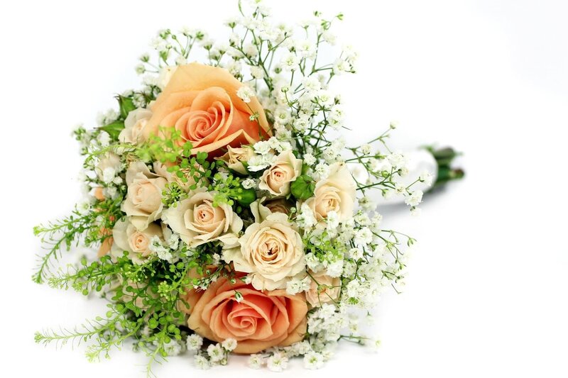 Bouquet of Roses and Baby's Breath — White, Serene, Photograph