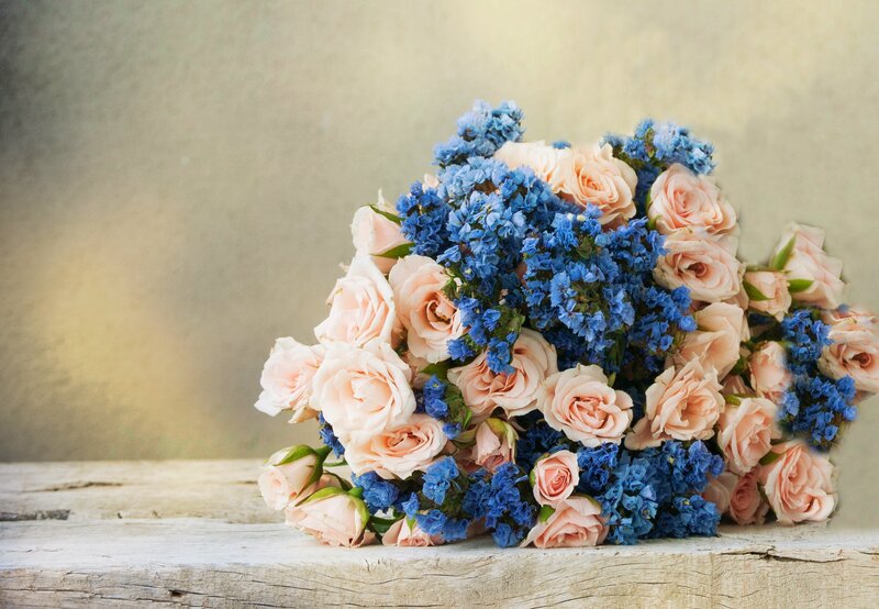 Bouquet of Roses and Blue Flowers