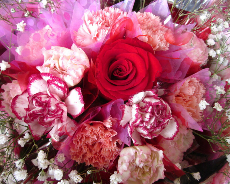 Bouquet of Roses and Carnations — Red, Festive, Photograph, Baby's Breath