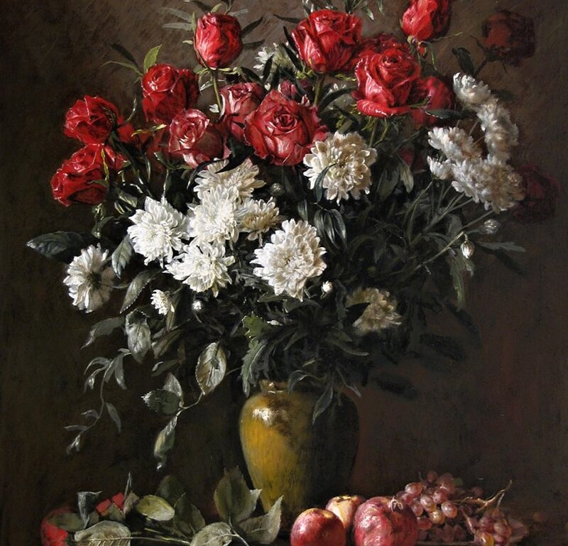 Bouquet of Roses and Chrysanthemums — Red, Dramatic, Painting