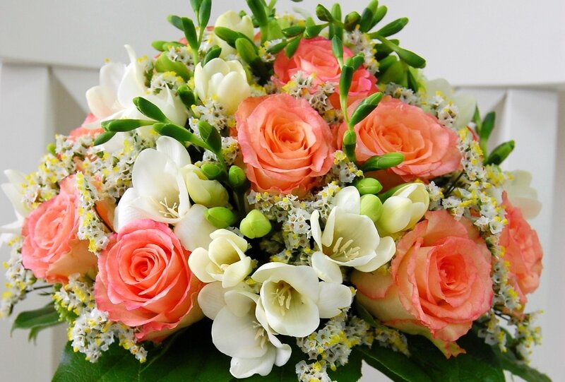 Bouquet of Roses and Freesias — Pink, Calm, Photograph, Greenery