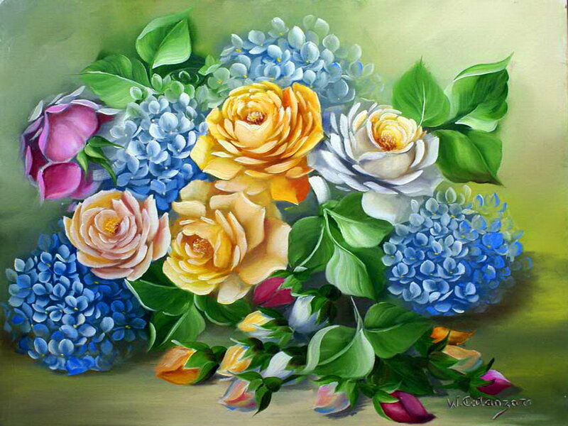 Bouquet of Roses and Hydrangeas — Blue