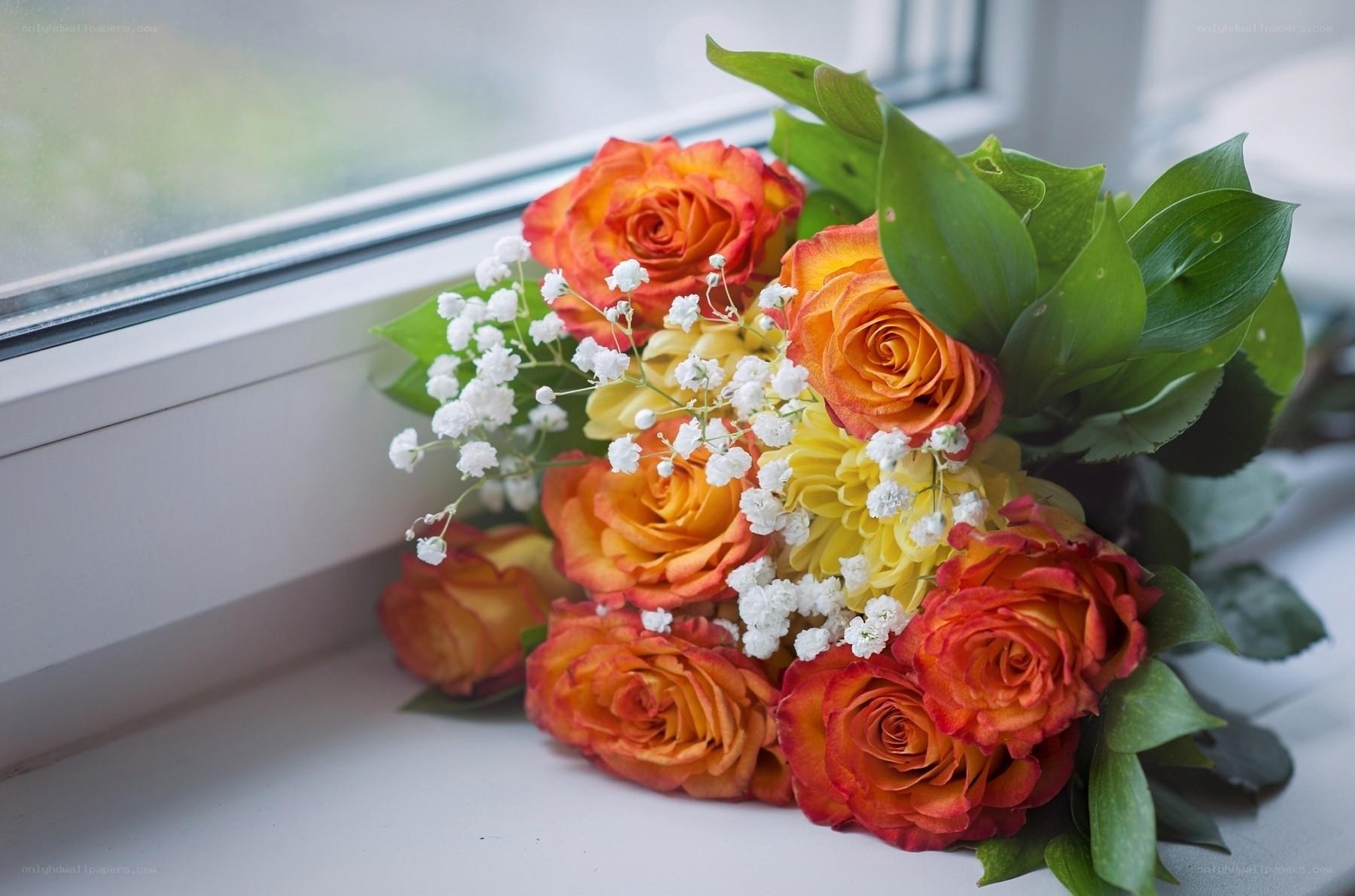 Bouquet of roses by window