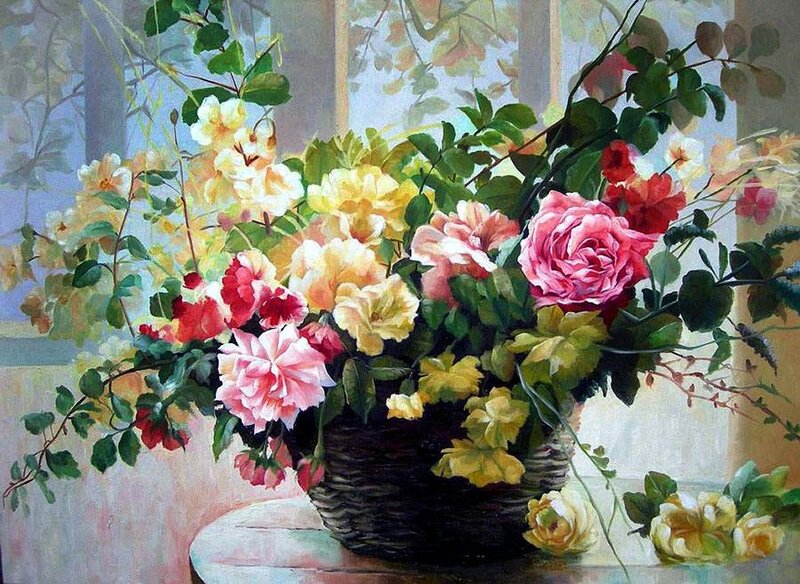Bouquet of Roses in Basket — Pink, Serene