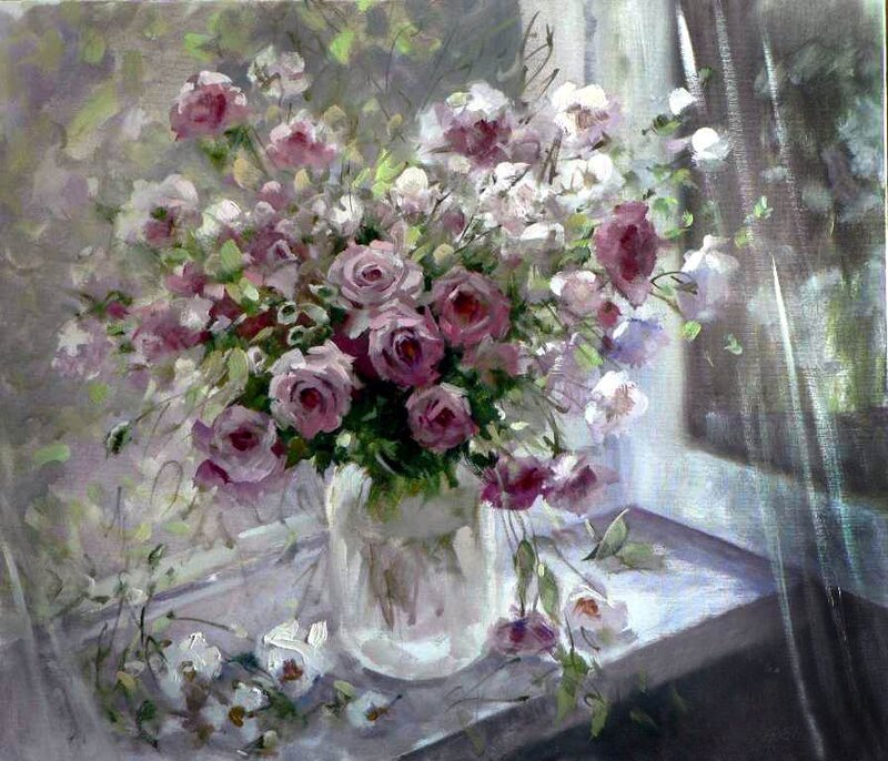 Bouquet of Roses in Vase — Pink, Serene, Afternoon