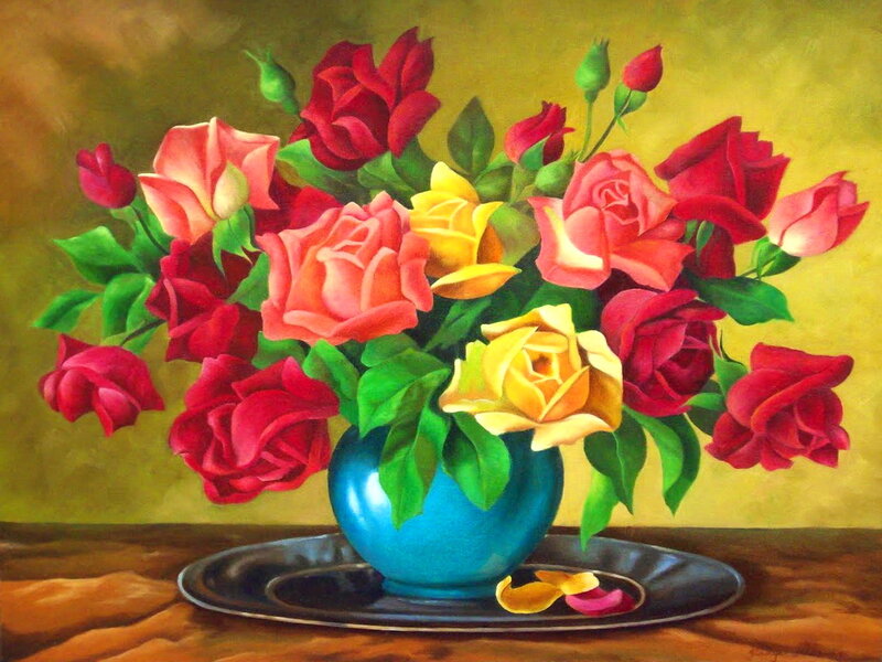 Bouquet of Roses in Vase — Red, Calm, Painting, Tray