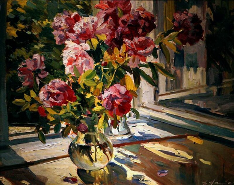 Bouquet of Roses in Vase — Red, Serene, Afternoon