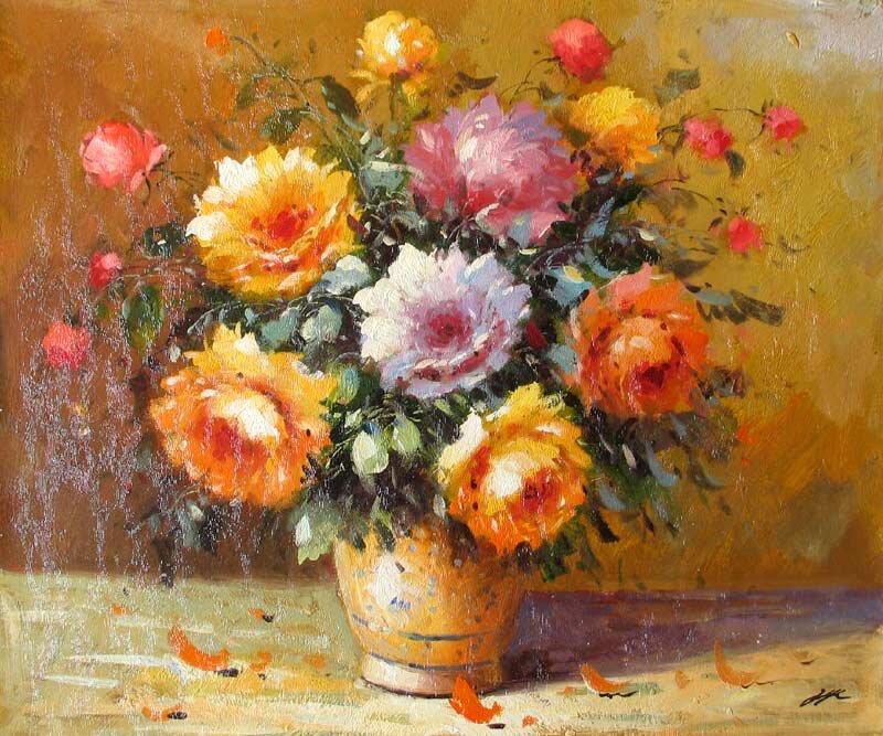Bouquet of Roses in Vase — Yellow, Calm, Painting