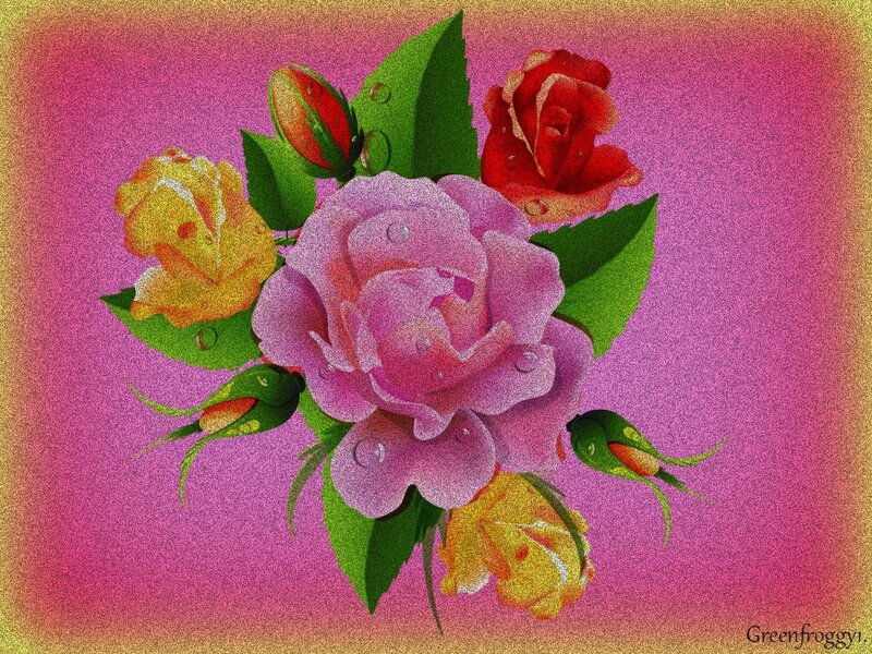 Bouquet of Roses — Pink, Calm, Digital Art, Leaves