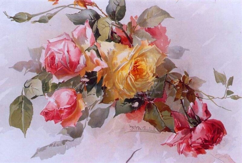 Bouquet of Roses — Pink, Serene, Painting, Leaves, Buds, Signature