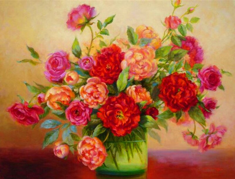 Bouquet of Roses — Red, Calm, Painting, Vase